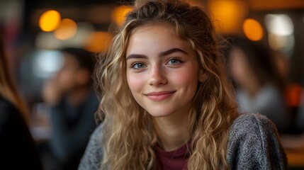 Young woman smiling, cafe setting, bokeh background