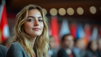 Young woman smiling, conference hall, blurred background