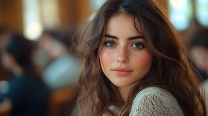Young woman's portrait, indoor setting, blurred background