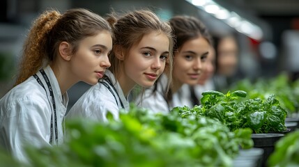Young women tending plants in indoor farm
