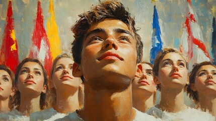 Youthful gaze upward, flags, bright sunlight, painted portrait