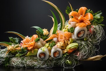 A modern plating concept where Fukomaki rolls are deconstructed showing each ingredient separately in an abstract yet 
