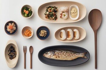 A modern take on bento presentation featuring bold colors and minimalist design positioned against a white background