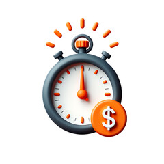 A 3D stopwatch and a bright orange dollar coin symbolizing the classic business concept where time equals money and finance.