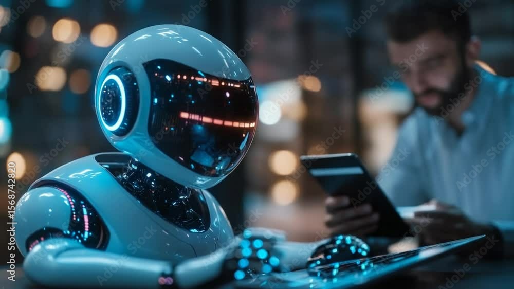 Poster futuristic robot utilizing a digital tablet for work, with a human user in background