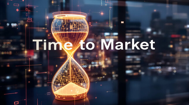 Digital hourglass showing time running out, symbolizing speed in business strategy with city lights background