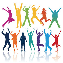 Joyful Diverse People Silhouettes: Colourful Jumping & Celebrating Figures Vector