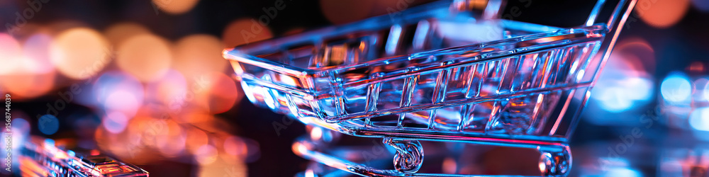 Poster illuminated transparent shopping cart with bokeh background