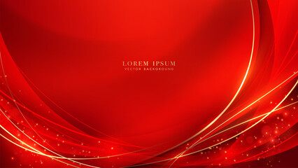 Elegant abstract red background with golden curves, flowing waves, glitter, and light trails effect