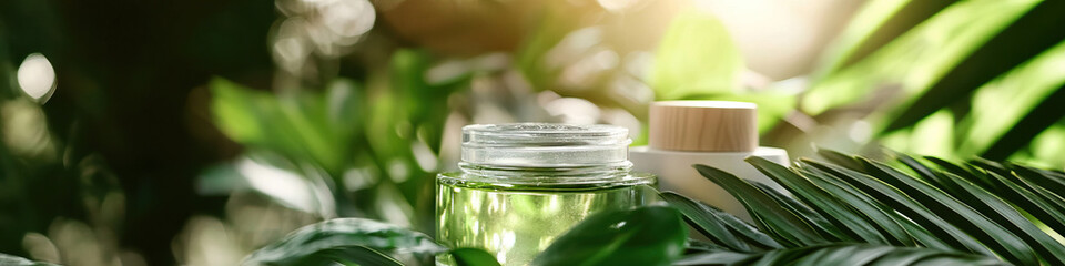 Green and White Cosmetic Jars on Tropical Leaves