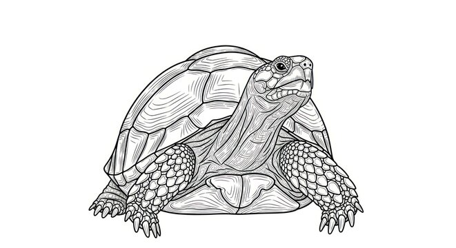 Detailed line art of a turtle with a patterned shell on white