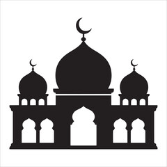 Silhouette of a Mosque Architecture with Domes and Crescent Moon, a Symbol of Islamic Culture and Religious Tradition in Black and White