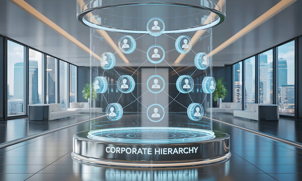 Futuristic glass display showing corporate hierarchy in a modern office, cityscape background, for business presentations - Powered by Adobe