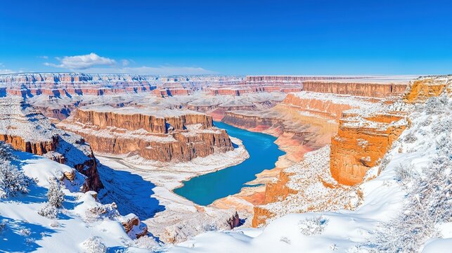 Grand canyon in winter with snow and a river. - Powered by Adobe