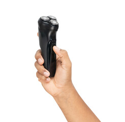 Hand holding electric shaver on isolated background