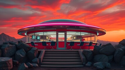 Fototapeta premium A futuristic diner with neon lights and a spaceship-like design, set among large rocks under a dramatic red sunset sky in a surreal alien landscape.