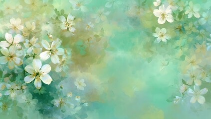 Light green background with small white flowers, delicate watercolor and oil painting style,