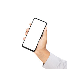 Hand holding the black smartphone with mockup of blank screen on isolated white background.