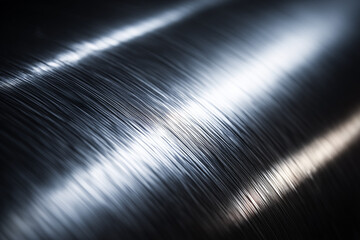 A highly-detailed image of metallic texture, brushed steel and anodized titanium surface, radial and linear grooves, captured at an oblique angle. 