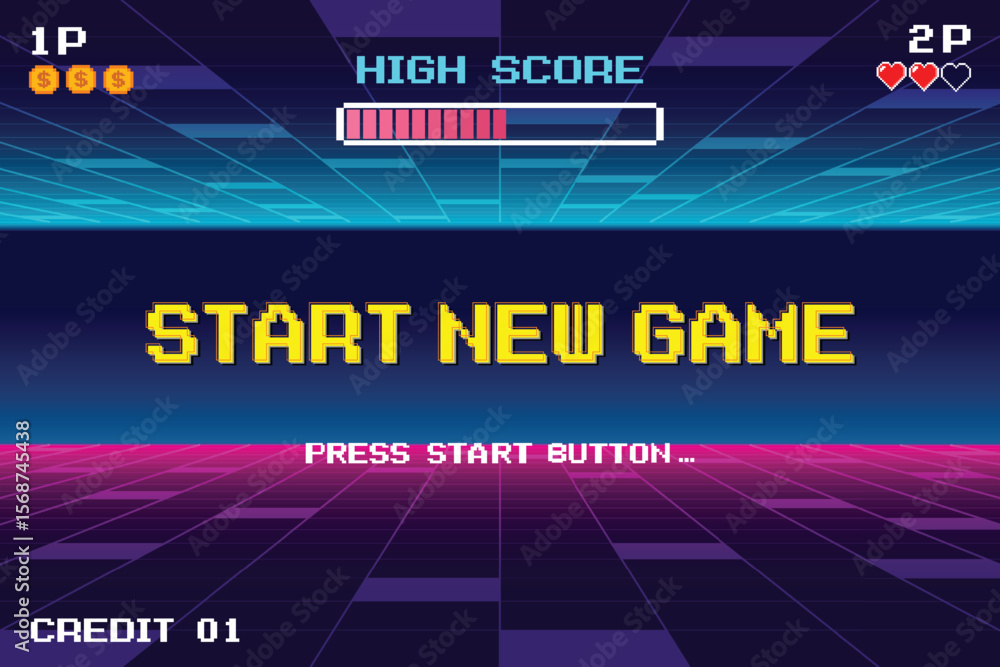 Fototapete start new game. pixel art .8 bit game. retro game. for game assets in vector illustrations. retro fu