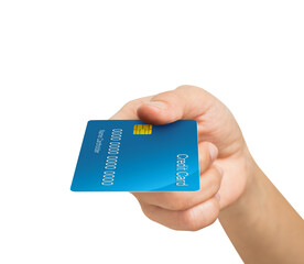 Hand holding credit card on isolated background.