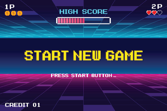 START NEW GAME. pixel art .8 bit game. retro game. for game assets in vector illustrations. Retro Futurism Sci-Fi Background. glowing neon grid. and stars from vintage arcade comp.