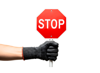 Hand wearing a glove holding a red stop sign isolated on transparent background