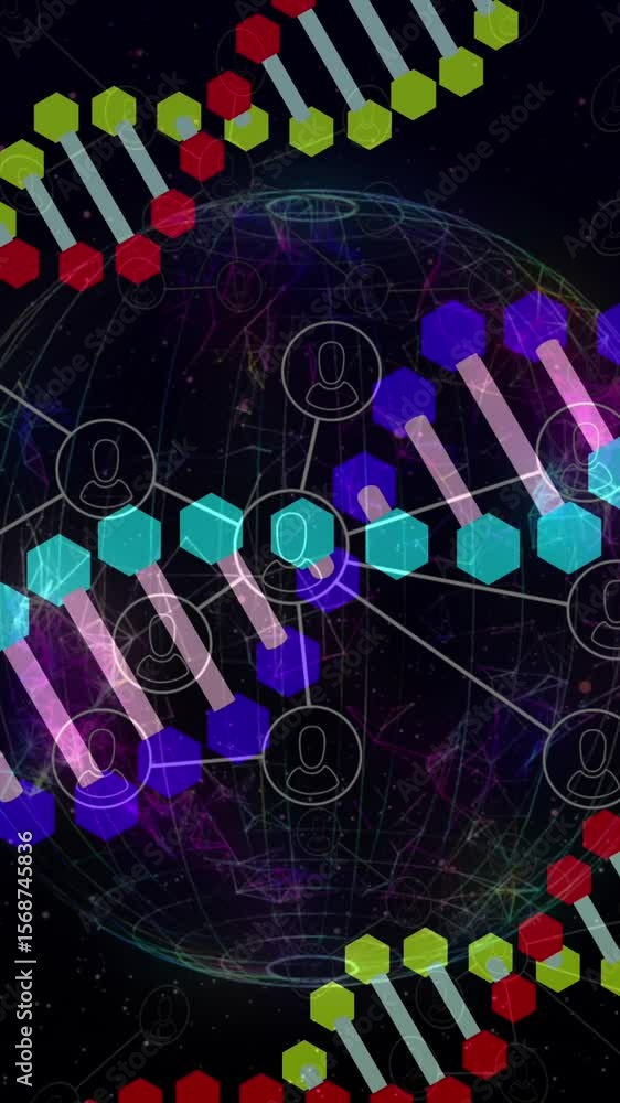Poster animation of dna strand rotating over moving columns and cells on black background