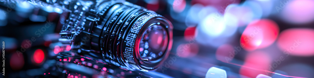 Poster close-up of a complex camera lens with bokeh lighting