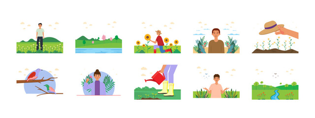 Spring illustrations set. Flat vector illustration concept.