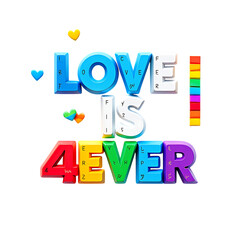 Vibrant 3D 'LOVE IS 4EVER' graphic with colorful rainbow spectrum letters and charming heart symbols, a joyful message of unity.