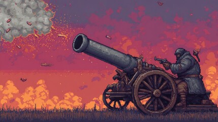 A large cannon firing at sunset.