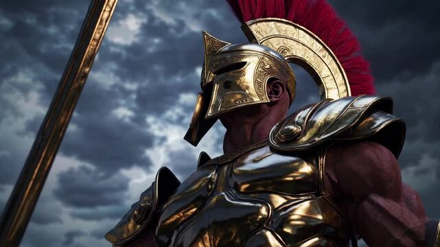 Epic low-angle shot of a warrior in golden armor, set against a stormy sky. The dramatic lighting enhances the cinematic video game style.