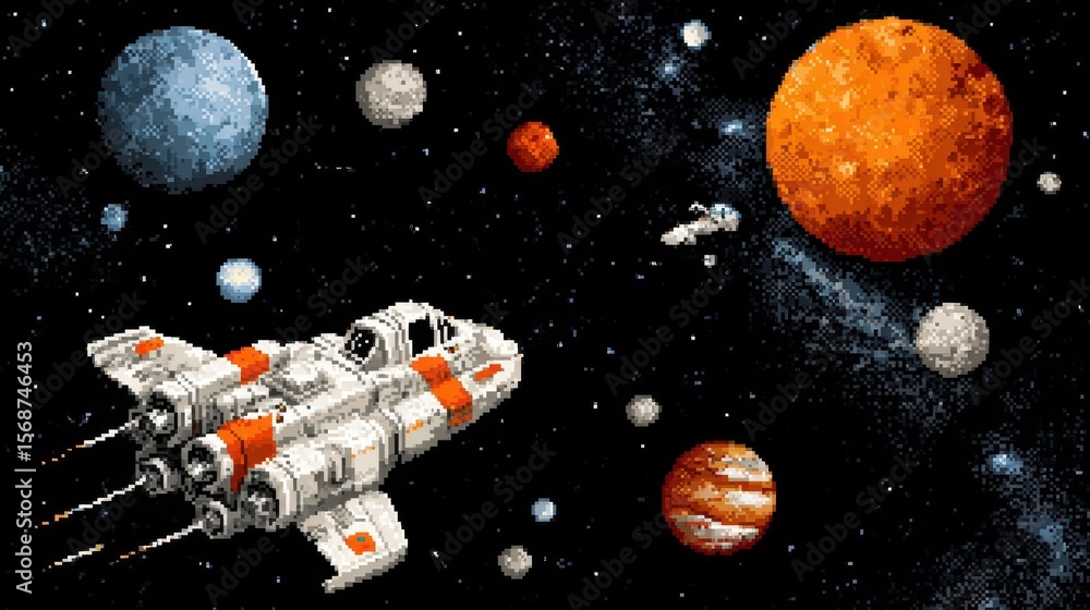 Poster spaceship traversing a cosmos of planets.