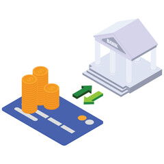 Money Transfer Isometric. Vector illustration of Coins moving between a credit card and a bank building, symbolizing fund transfer. Isolated on background