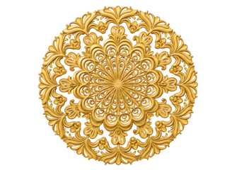 Intricate golden mandala ornament with detailed floral patterns isolated on transparent background
