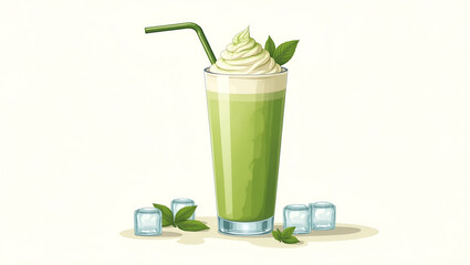 Iced Matcha Latte Drink Vector Illustration on a White Background