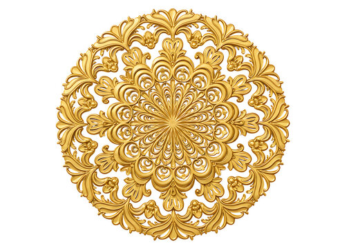 Intricate golden mandala ornament with detailed floral patterns isolated on transparent background