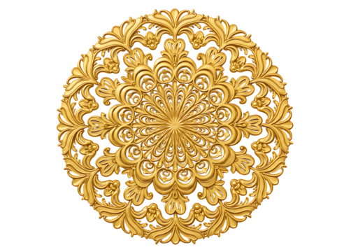Intricate golden mandala ornament with detailed floral patterns isolated on transparent background