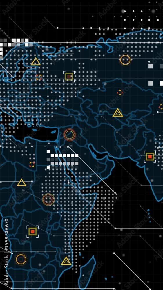 Aufkleber digital animation of data processing over world map and spinning globe against black background
