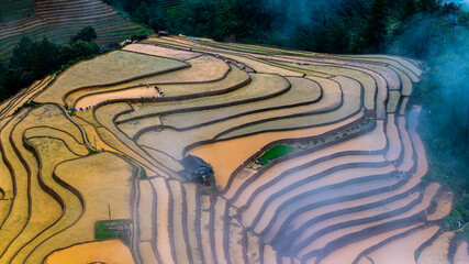  Hmong farmers prepare their fields and plant rice on terraced fields in Mu Cang Chai, Yen Bai....