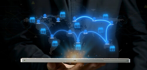 Global franchise business concept, companies that expand internationally by licensing their business model and brand to local entrepreneurs, known as franchisees. Franchise icons on world map