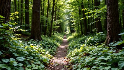 Obraz premium a tranquil forest scene featuring a dirt trail winding through lush greenery under an expansive canopy of trees