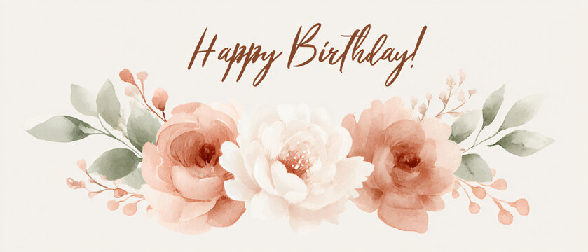 Happy Birthday Greeting Card Floral Design Watercolor Roses Pink Peach White Elegant Wedding Celebration Personalized Beautiful Gift Woman Mother Sentiment Message Printable Bouquet