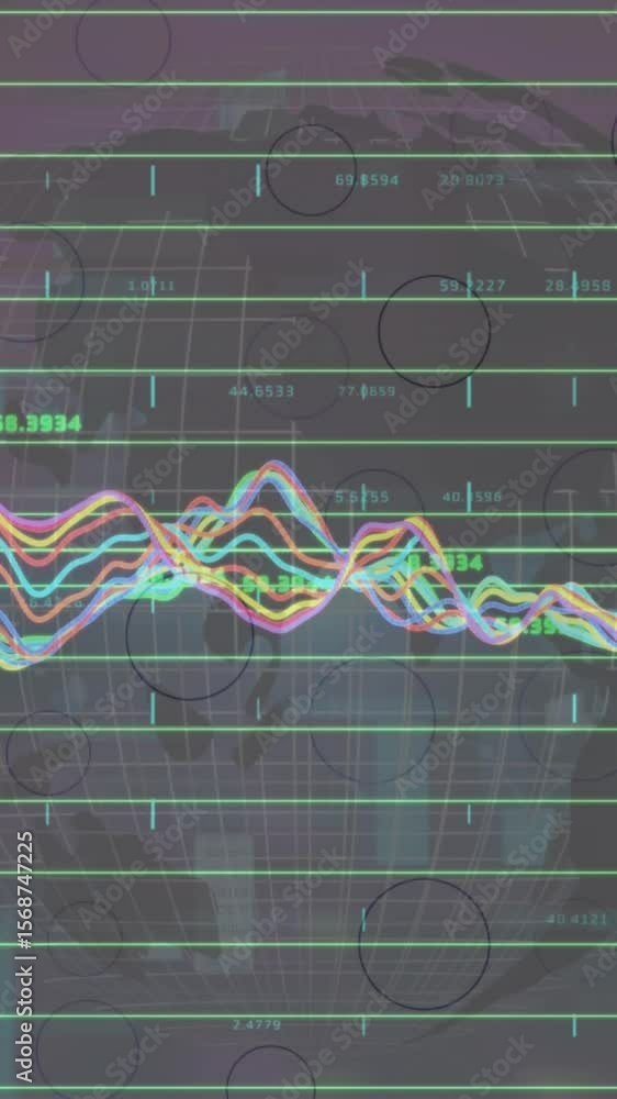Poster animation of graphs and globe on digital screen
