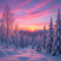 Beautiful Snowy Winter Forest Landscape with Pink Sky at Sunrise in Nature Scene
