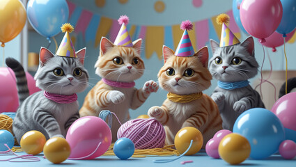 Adorable Cartoon Kittens Celebrating Birthday Party with Colorful Balloons and Yarn