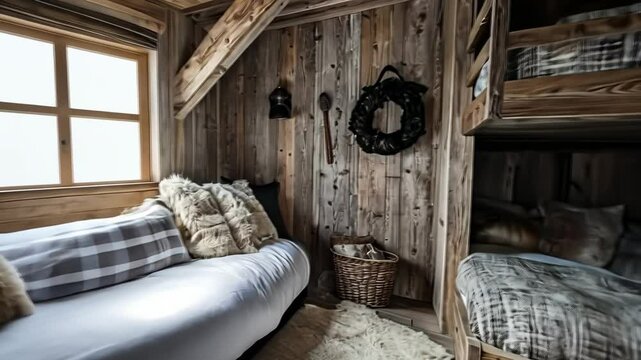 Cozy wooden cabin interior with bunk beds and a single bed. Rustic decor includes a wreath and soft textiles. Warm and inviting atmosphere. Generative 4k video.