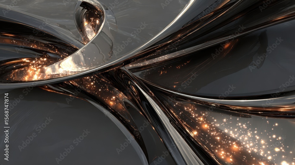 Poster intricate abstract design with flowing metallic lines.