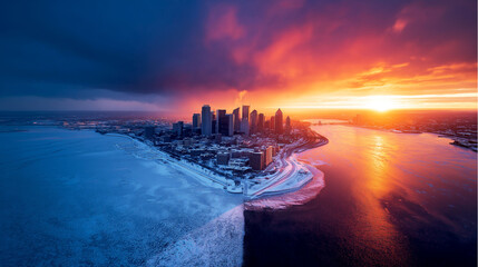Climate whiplash temperature impact. Extreme environment. Weather disaster. City skyline heatwave blizzard contrast image